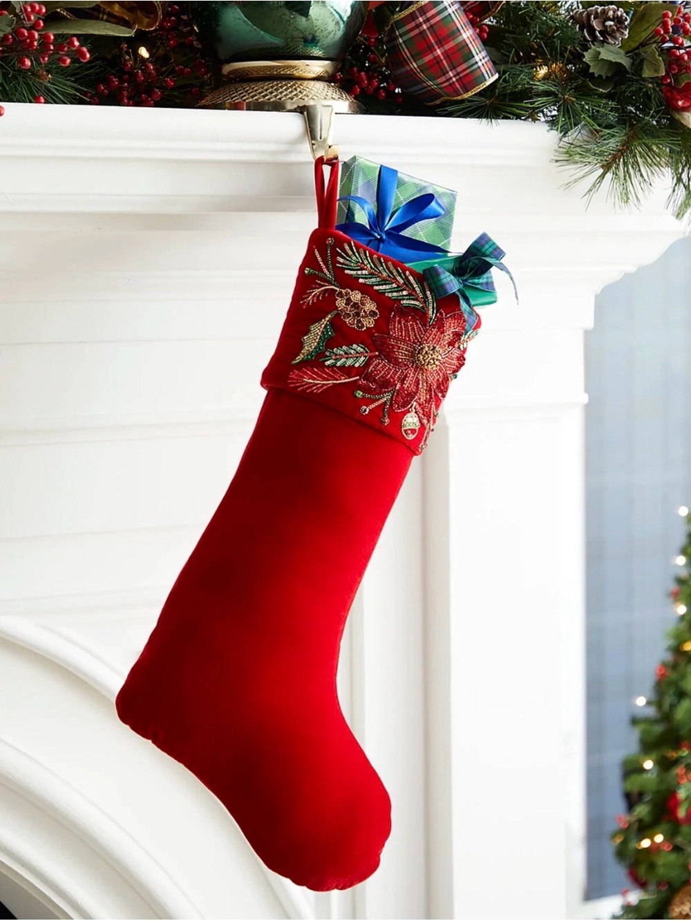 NWT Neiman Marcus Embellished Velvet Poinsettia Cuff Christmas Stocking Red‎